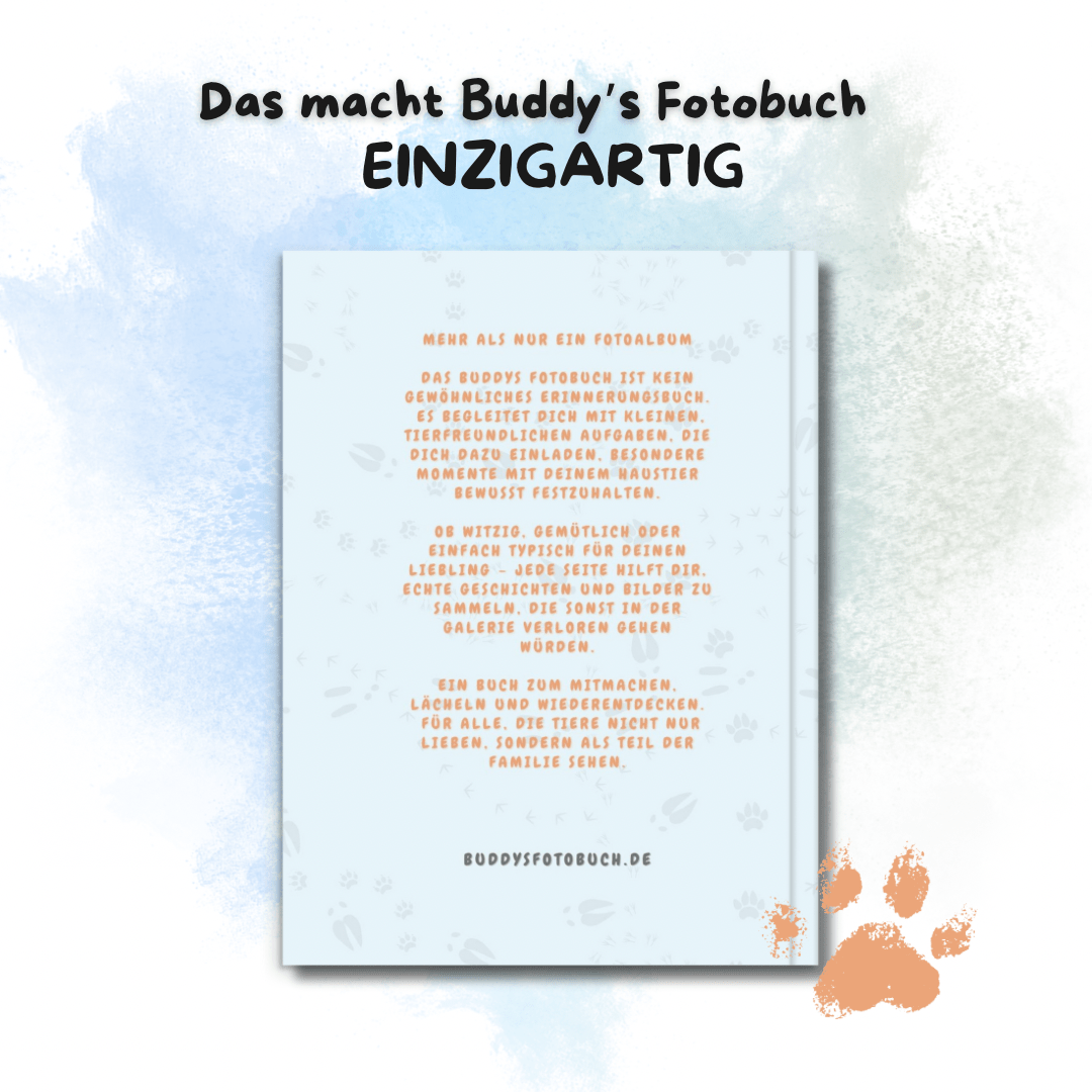 Textseite aus Buddy’s Fotobuch mit Erklärung, warum es ein besonderes Erinnerungsalbum für Tierfreunde ist