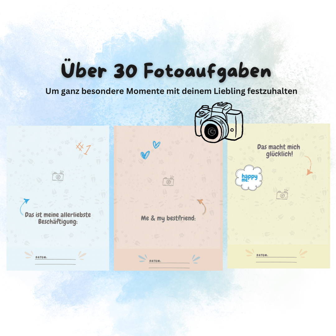 Beispielseiten aus Buddy’s Fotobuch mit kreativen Fotoaufgaben für Haustiere