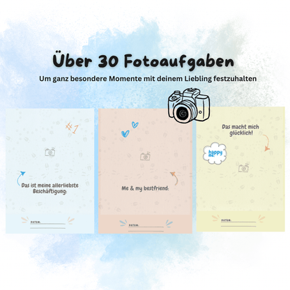 Beispielseiten aus Buddy’s Fotobuch mit kreativen Fotoaufgaben für Haustiere
