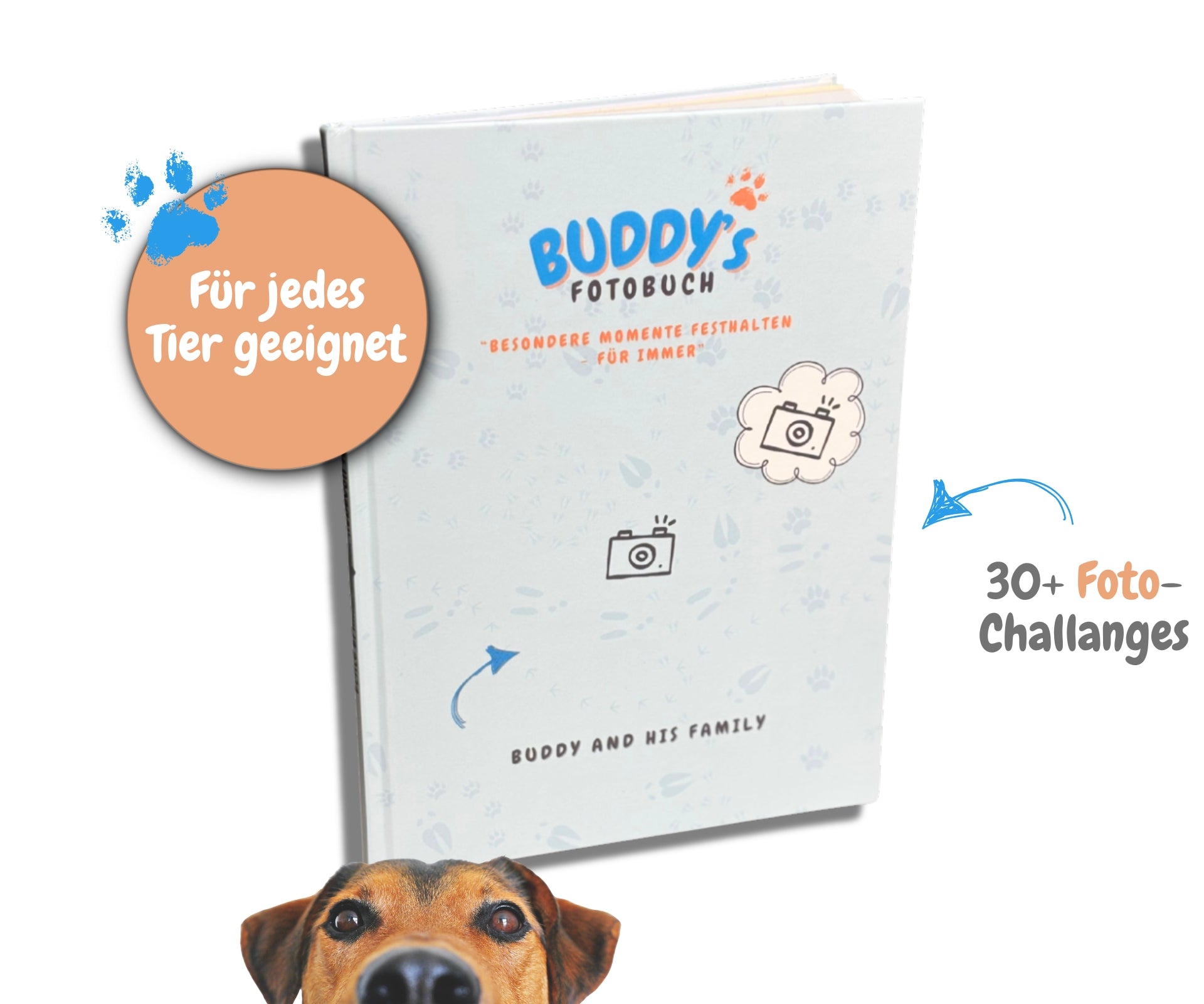 Buddys Fotobuch Hardcover 21×28 cm mit 30 Foto-Challenges für Haustiere, Spaß für Hunde, Katzen & Co.
