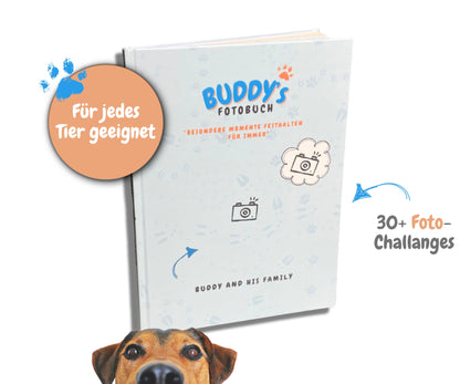 Buddys Fotobuch Hardcover 21×28 cm mit 30 Foto-Challenges für Haustiere, Spaß für Hunde, Katzen & Co.
