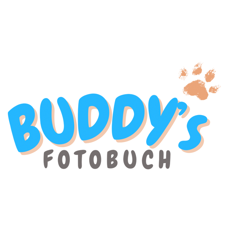 Buddy’s Fotobuch Markenlogo in Blau und Orange mit stilisiertem Pfotenabdruck
